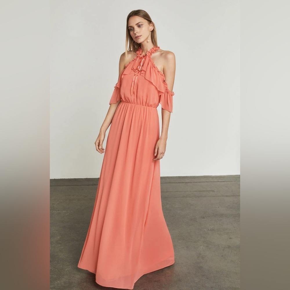 BCBGMAXAZRIA Tracie Maxi Dress Women S Coral Pink Ruffle Cold Shoulder Halter